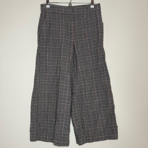 LOFT Dark Academia Plaid Linen Blend Neutral Wide Leg Cropped Dress Slacks Pants - Picture 2 of 9